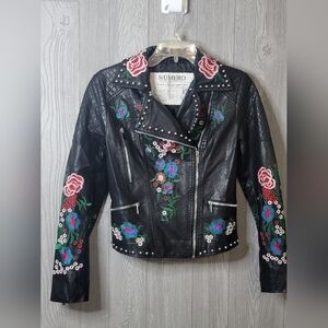 Numero Black Leather Jacket with Floral Embroidery
